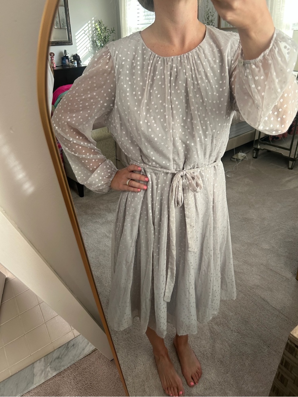Seraphine Light Gray Swiss Dot Long Sleeve Tie-Waist Dress